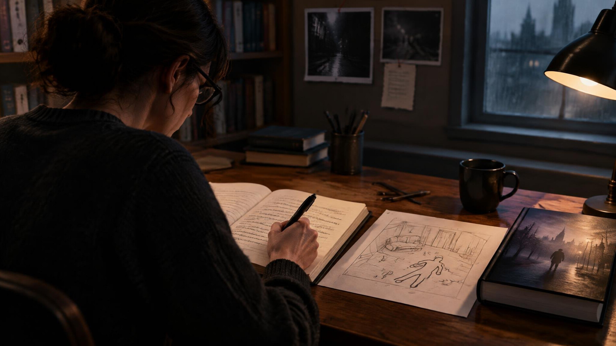 mystery writer at desk