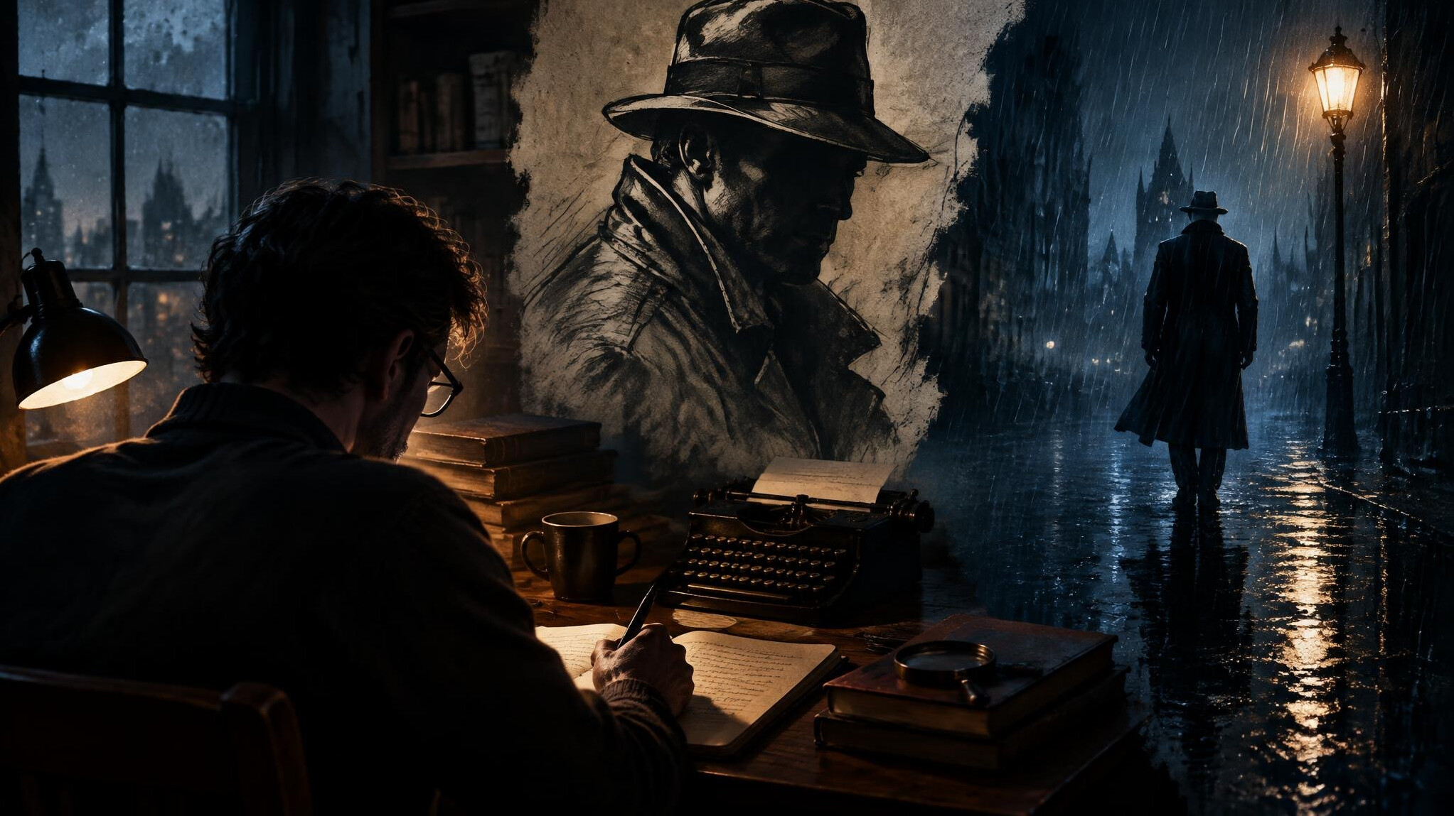mystery writer at desk