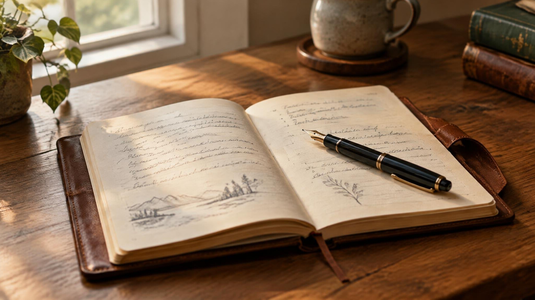 Open notebook with handwritten notes and a fountain pen on a desk