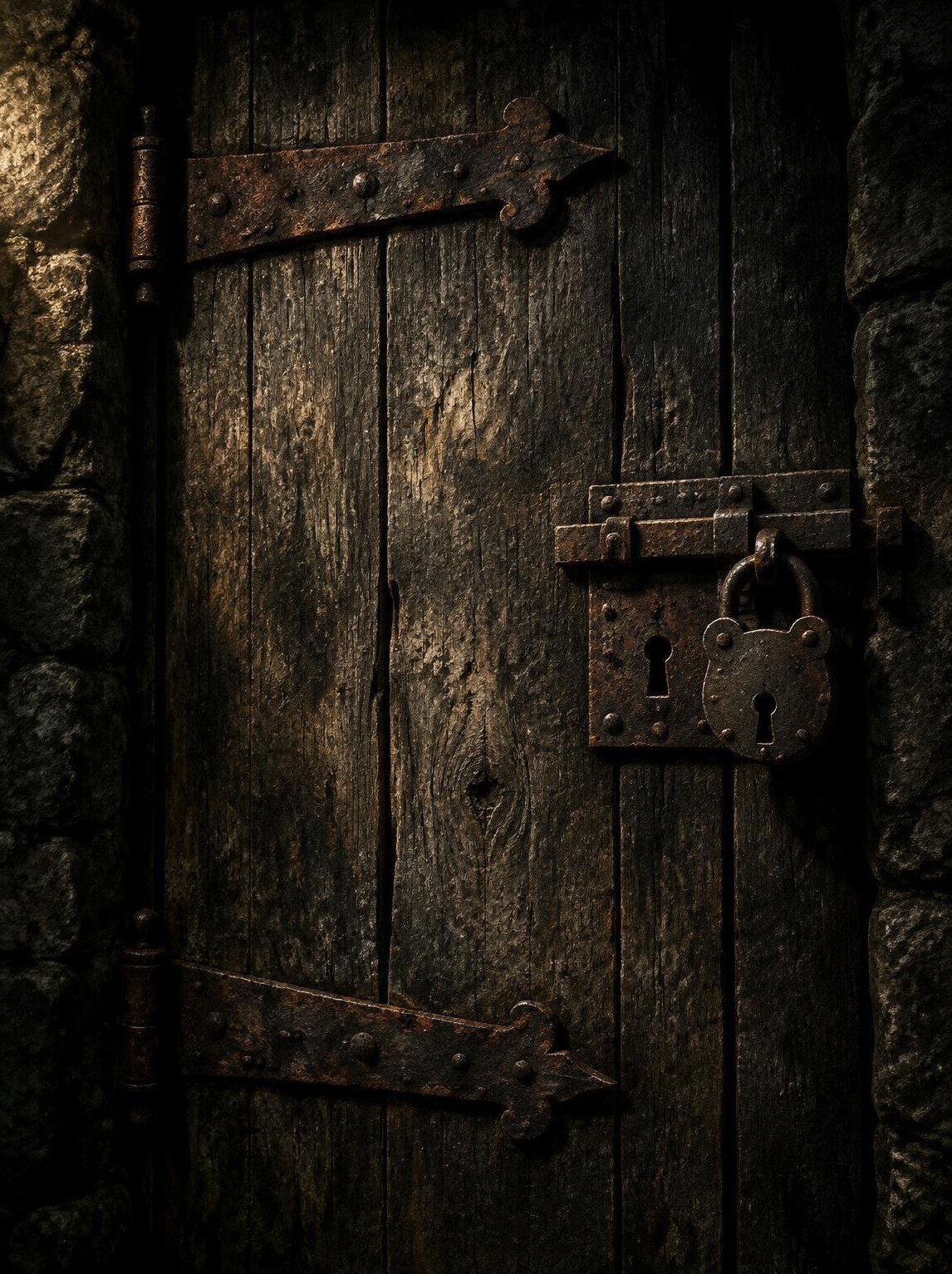 Old locked wooden door with rusted metal hinges