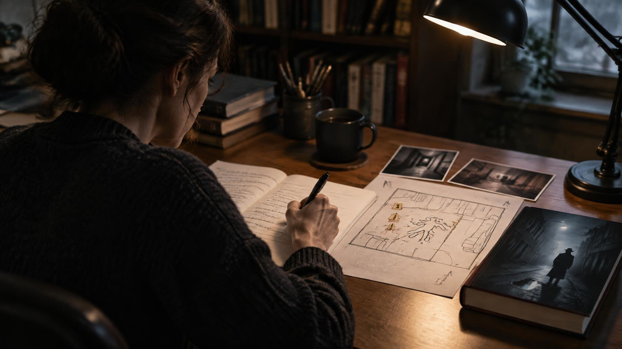 mystery writer at desk