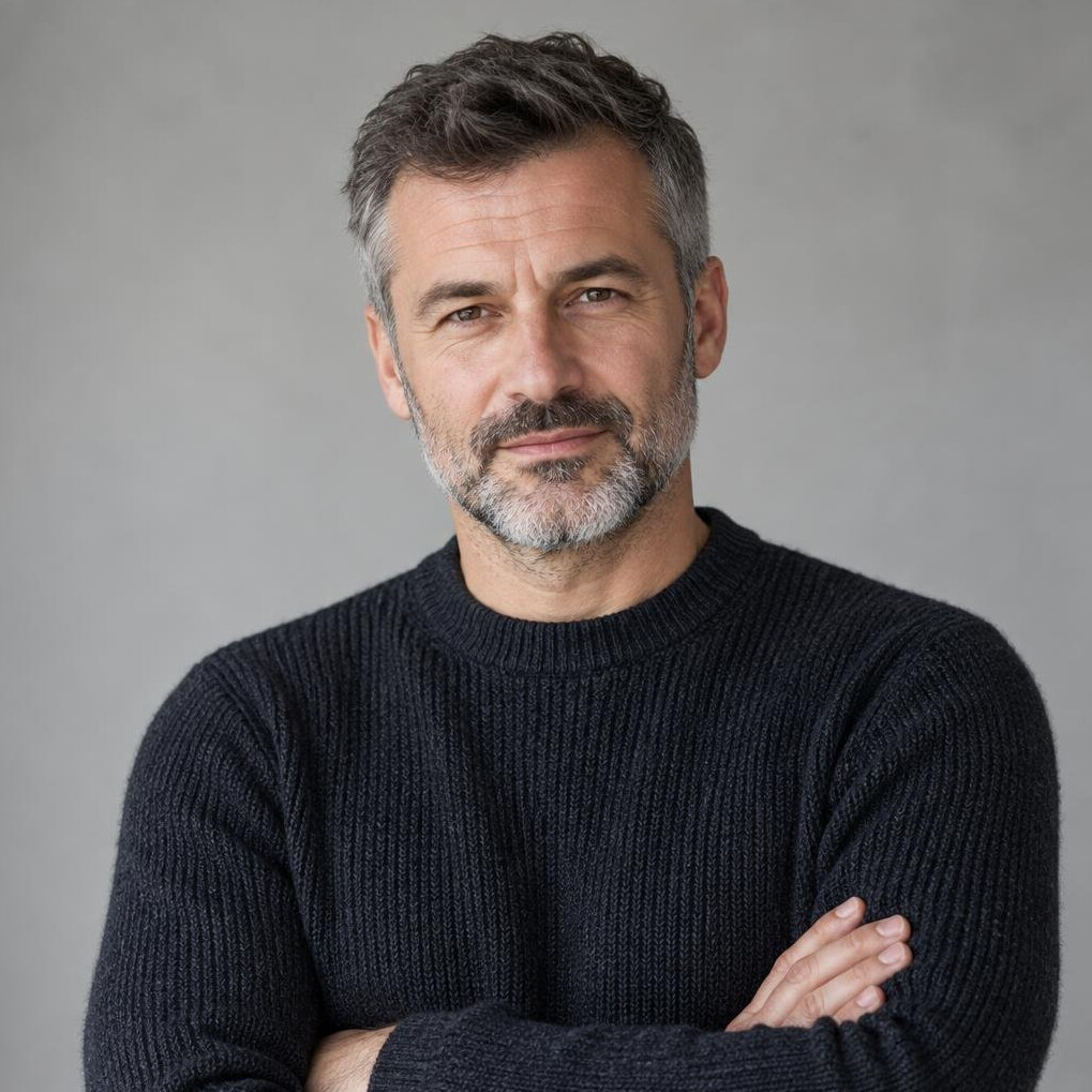 Studio portrait of a Croatian man in his forties with a beard, wearing a dark sweater