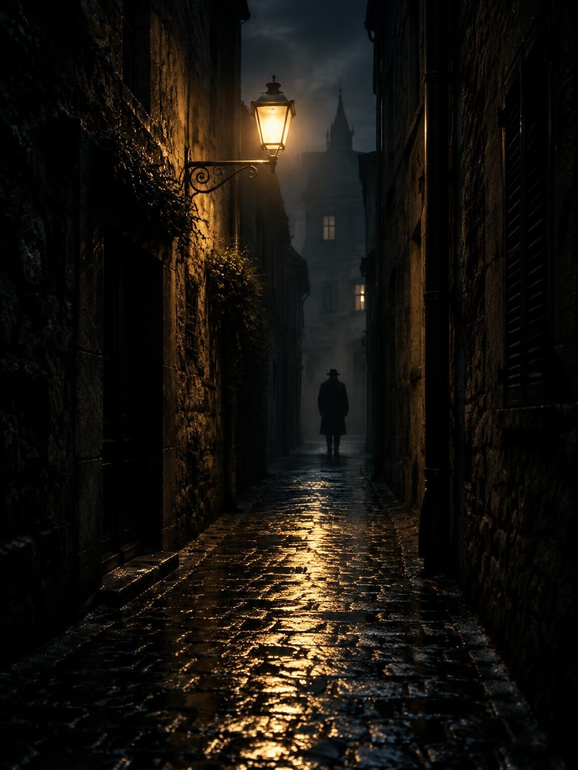 Dark alley at night with a single streetlight, moody atmosphere