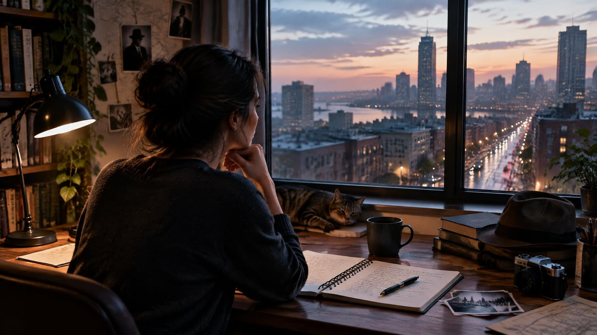 writer at desk with notebook