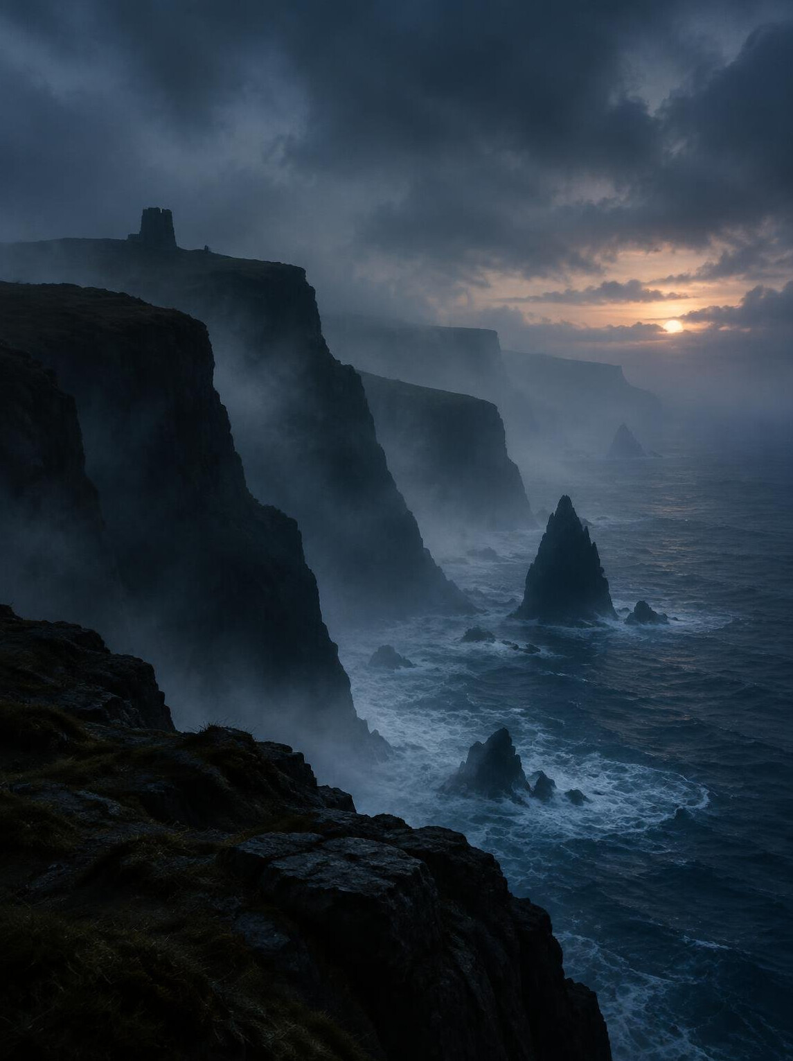Foggy coastal cliffs at dusk with dramatic lighting